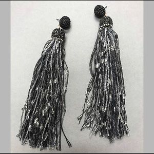 Gray Fabric Tassel & Crystal Earrings-Boutique